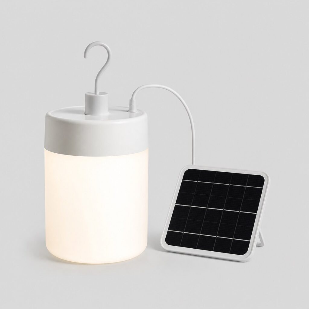 Lampe solaire d'intérieur nomade à diffuseur opalin, vue de trois quarts sur fond clair