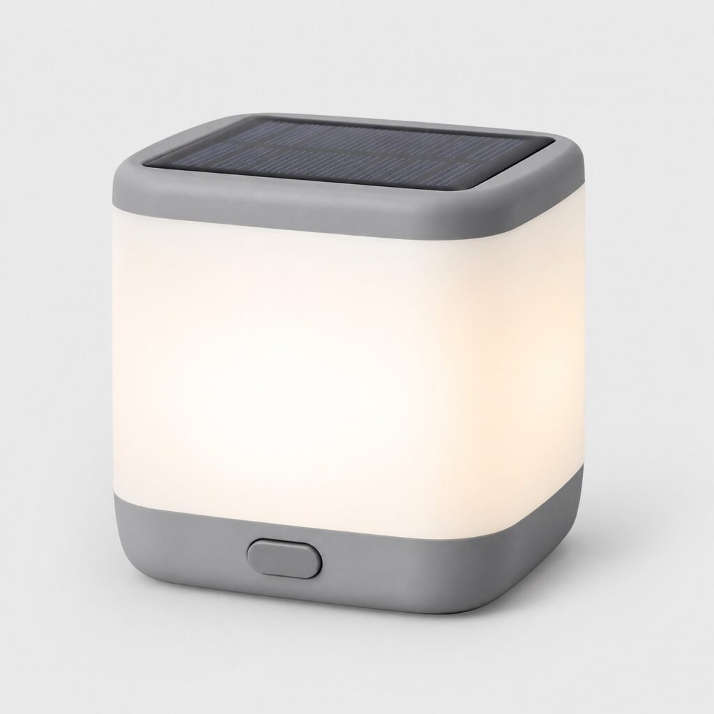 Lampe solaire à LED d'appoint, corps cube arrondi blanc et gris, vue de trois quarts sur fond clair