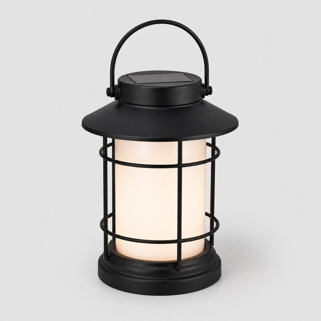 Lampe solaire de terrasse en forme de lanterne, cage métal et verre dépoli, sur fond clair