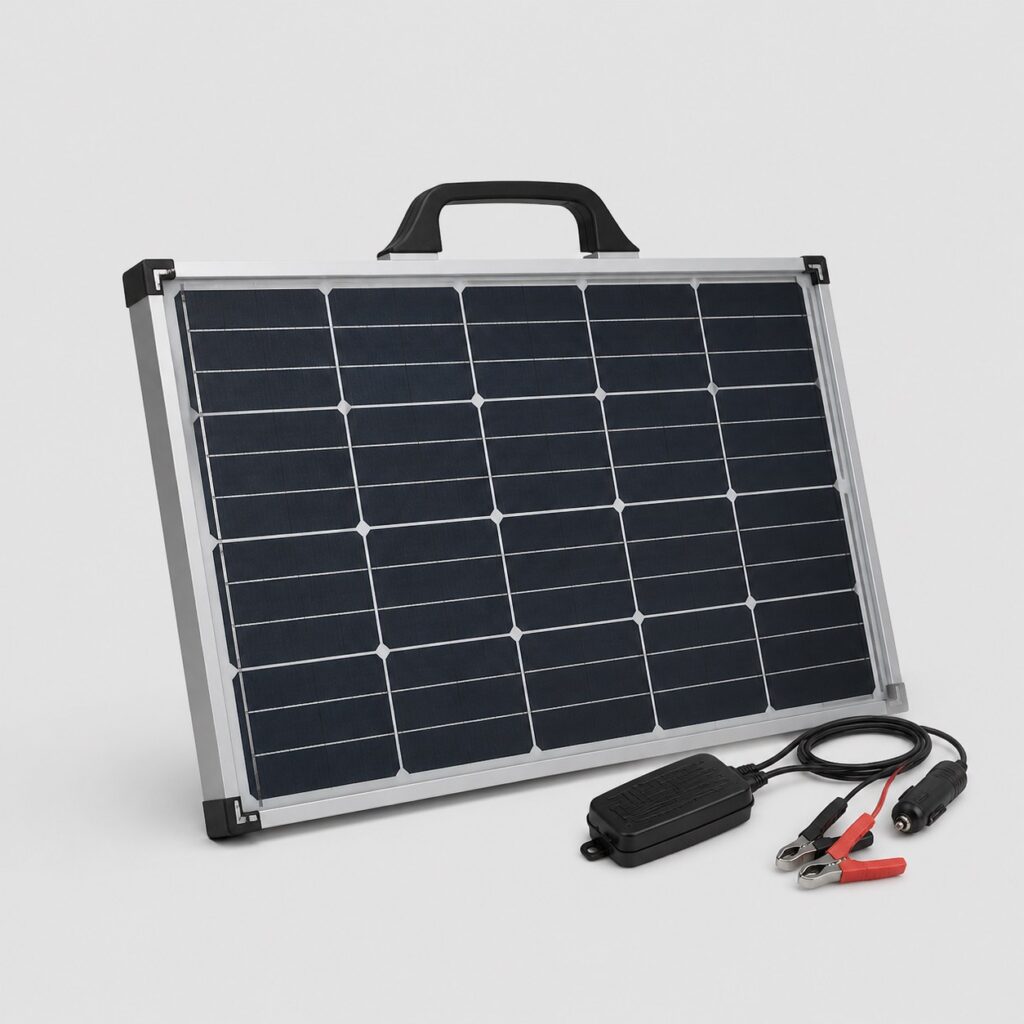 Panneau solaire monocristallin 12V portable à cadre aluminium, vue de trois quarts sur fond clair