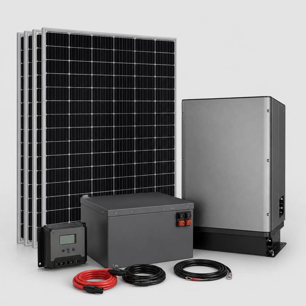 Kit solaire complet 2000W pour site isolé, ensemble des composants sur fond clair