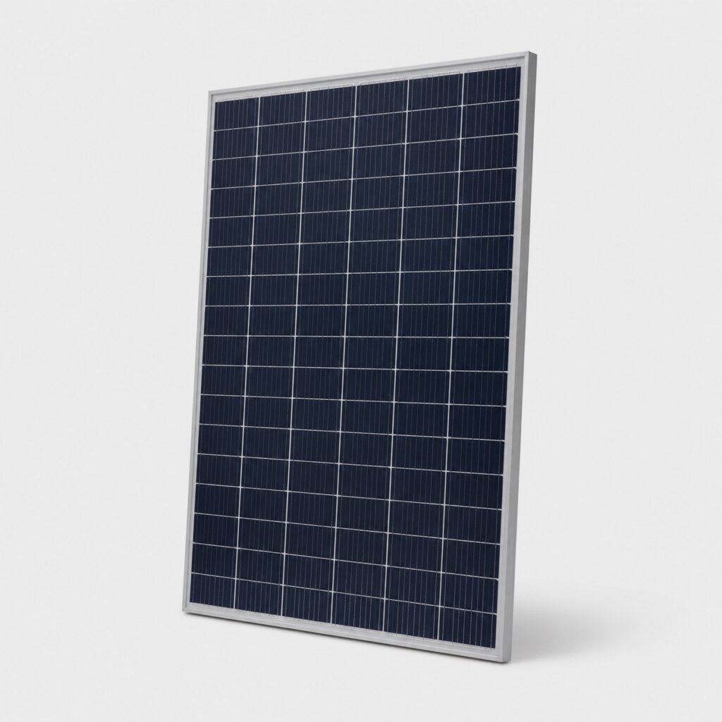 Panneau solaire rigide monocristallin grand format, vue de trois quarts sur fond clair