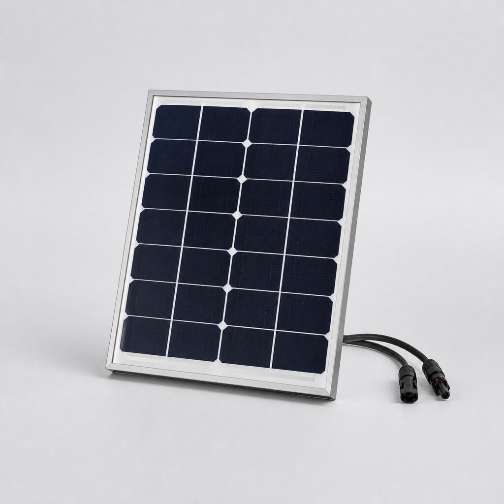 Petit panneau solaire monocristallin 50W compact, vue de trois quarts sur fond clair