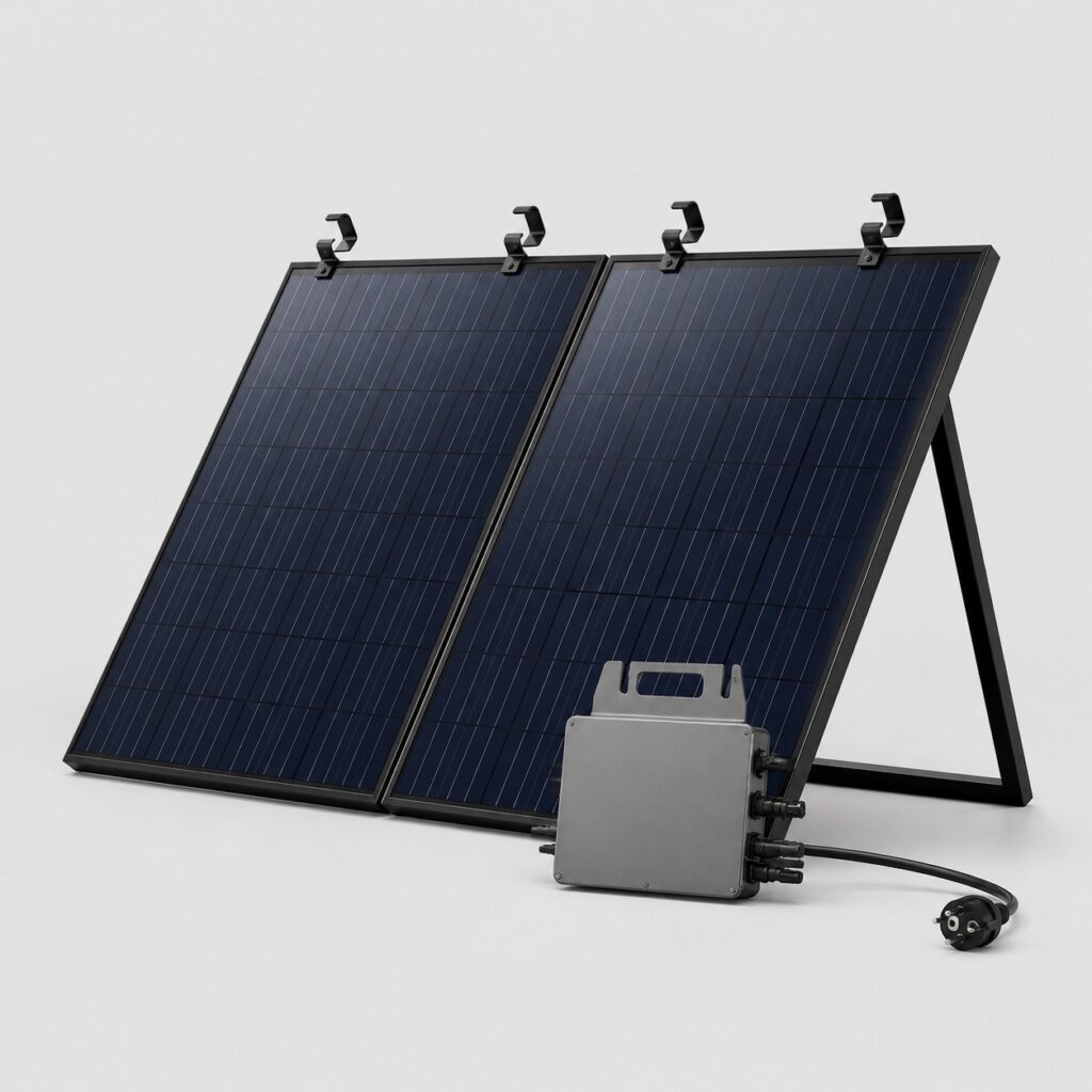 Kit panneau solaire de balcon plug and play à deux modules, vue de trois quarts sur fond clair