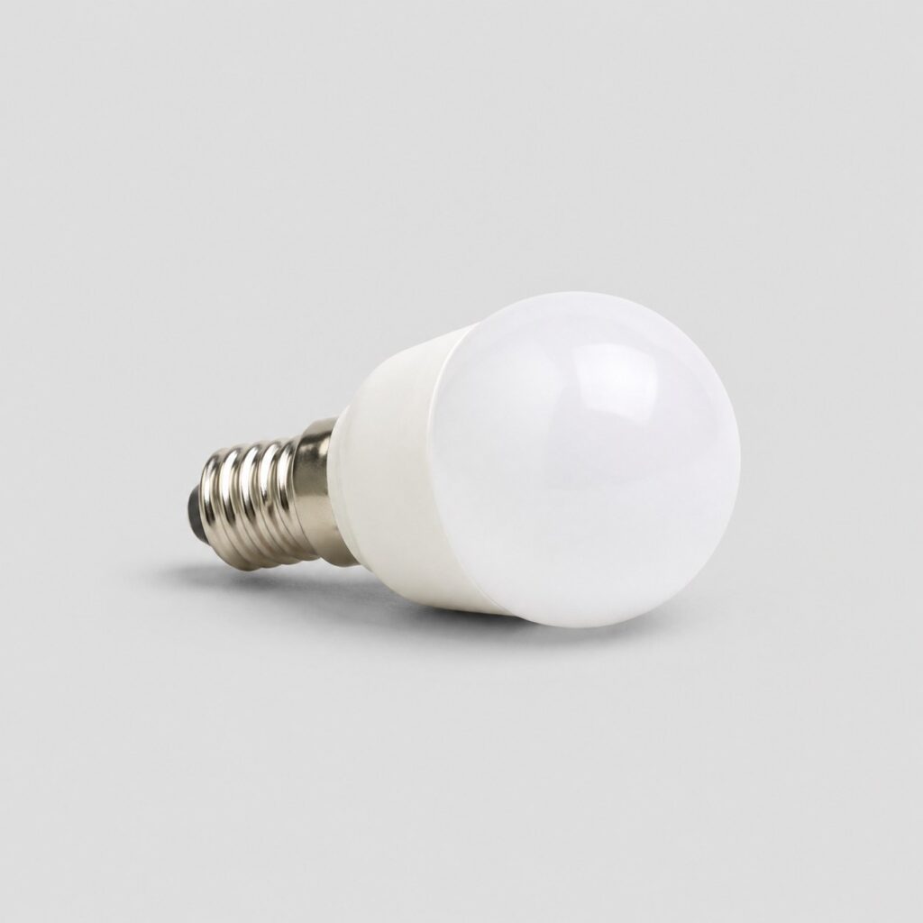 Petite ampoule LED compacte forme sphère golf, verre dépoli, vue de trois quarts sur fond clair