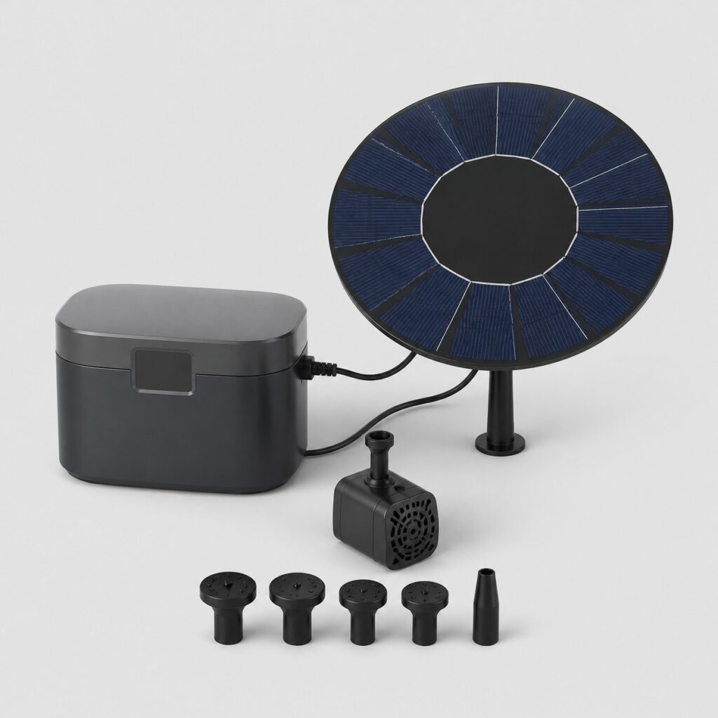 Pompe solaire pour bassin avec batterie intégrée, corps noir et boîtier anthracite, vue de trois quarts sur fond clair