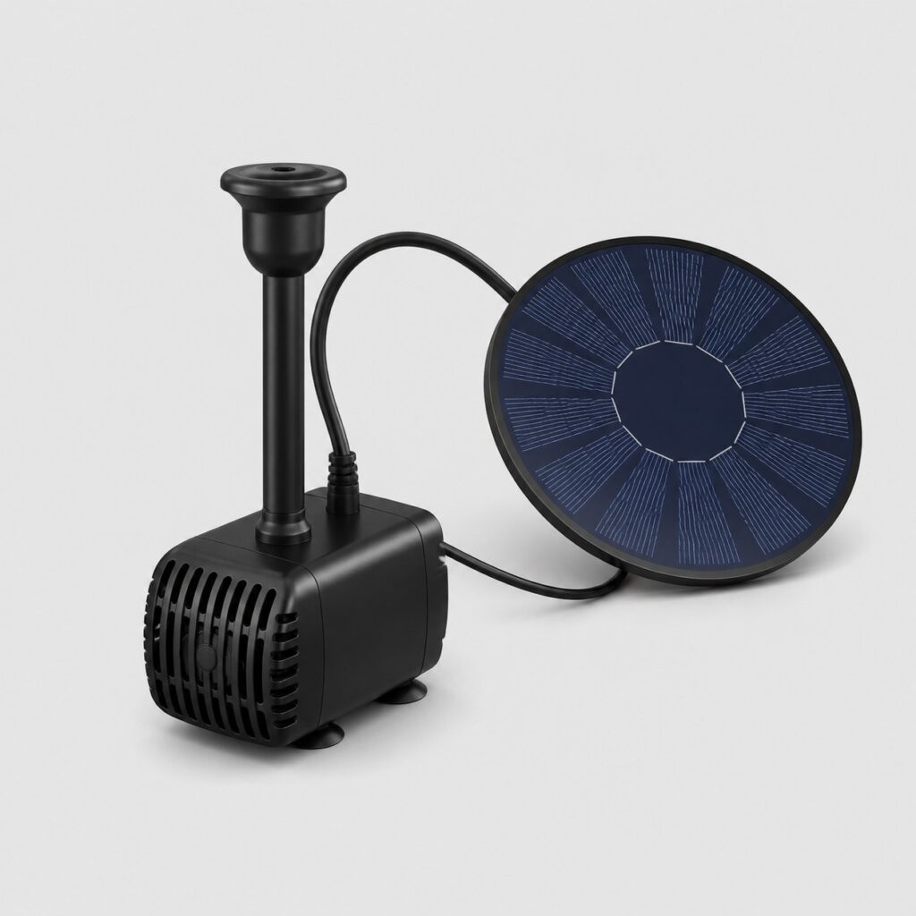 Pompe solaire pour fontaine en circuit fermé, corps noir avec préfiltre à fentes, vue de trois quarts sur fond clair