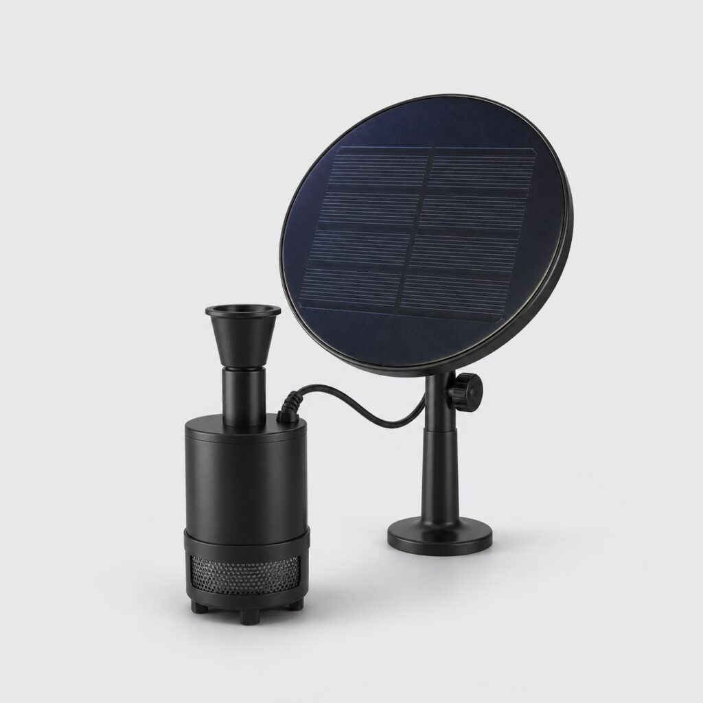 Pompe solaire d'oxygénation pour bassin à poissons, corps noir avec crépine grillagée, vue de trois quarts sur fond clair