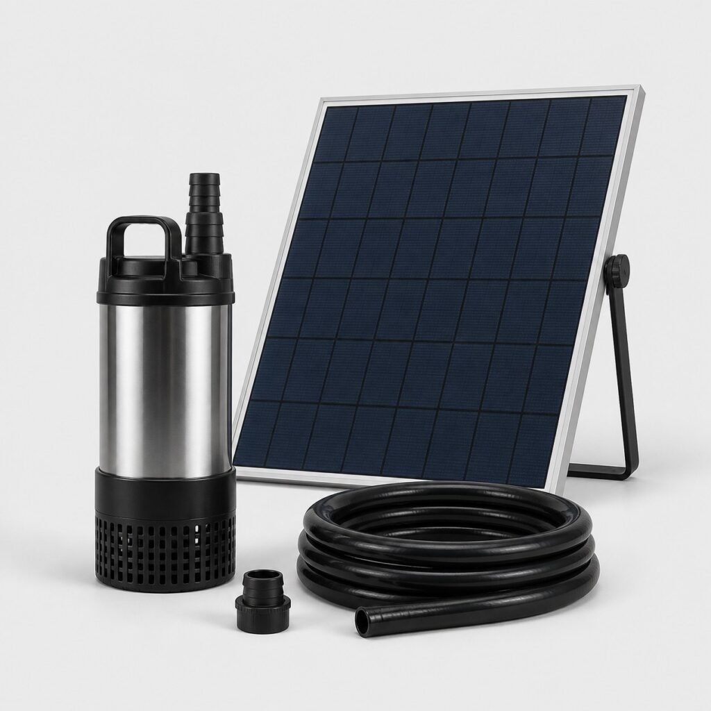 Pompe solaire de transfert pour cuve, corps cylindrique inox avec crépine et tuyau, vue de trois quarts sur fond clair