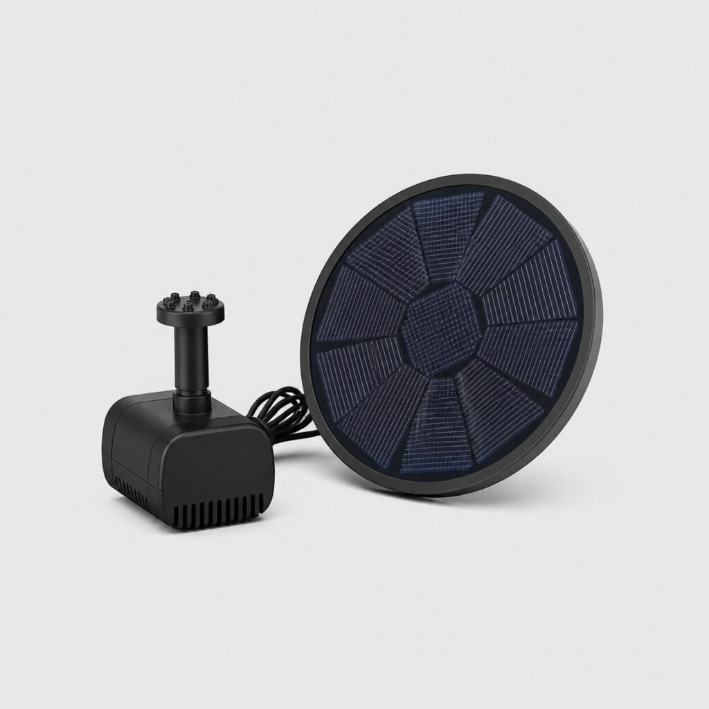 Pompe solaire d'oxygénation pour mare, corps immergeable noir compact, vue de trois quarts sur fond clair