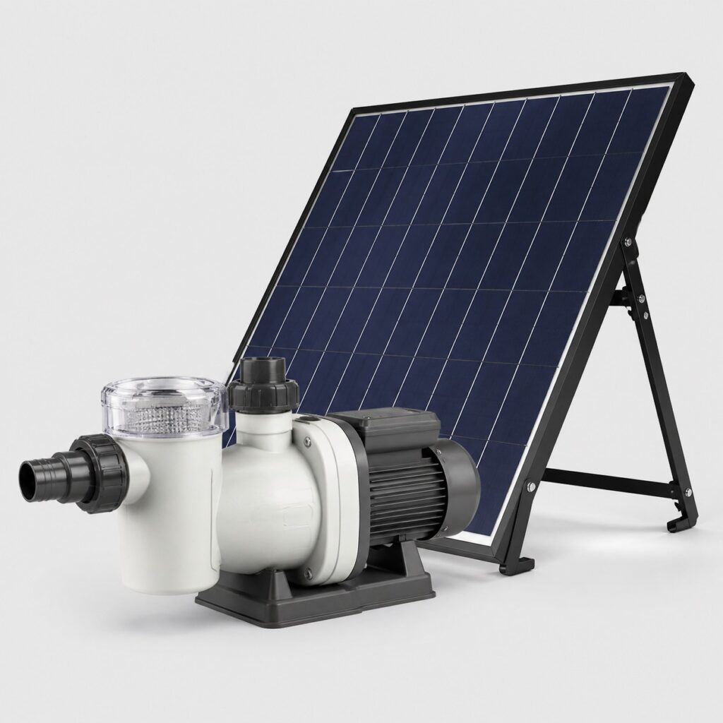 Pompe solaire de circulation pour piscine, corps blanc et gris avec préfiltre, vue de trois quarts sur fond clair
