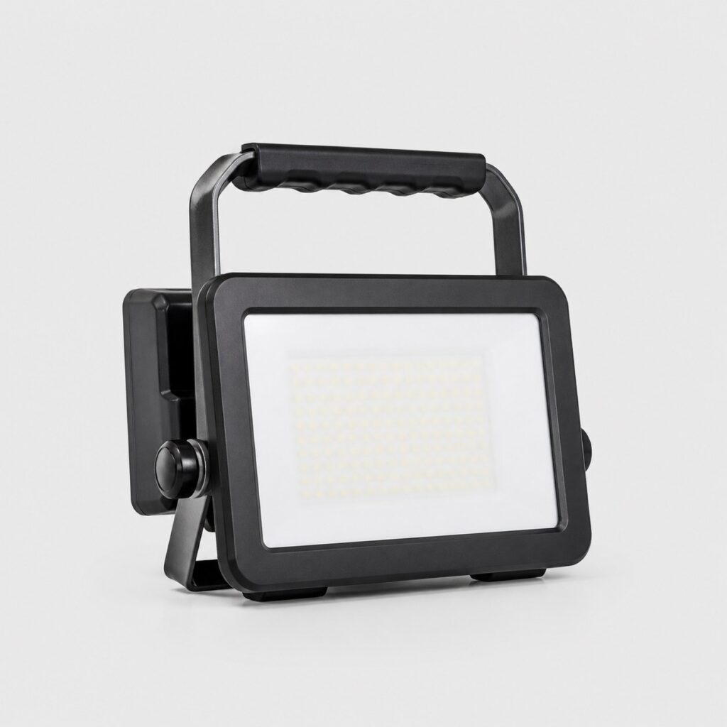 Projecteur LED portable à batterie amovible clipsable, vue de trois quarts sur fond clair