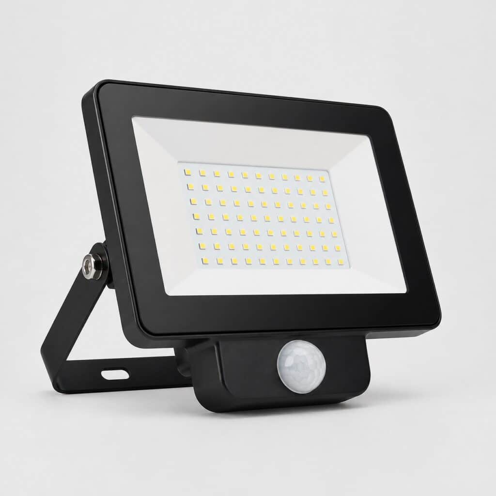 Projecteur LED extérieur à détecteur de mouvement, capteur visible, vue de trois quarts sur fond clair