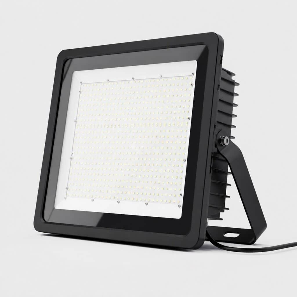 Projecteur LED extérieur puissant de grande taille à ailettes, vue de trois quarts sur fond clair