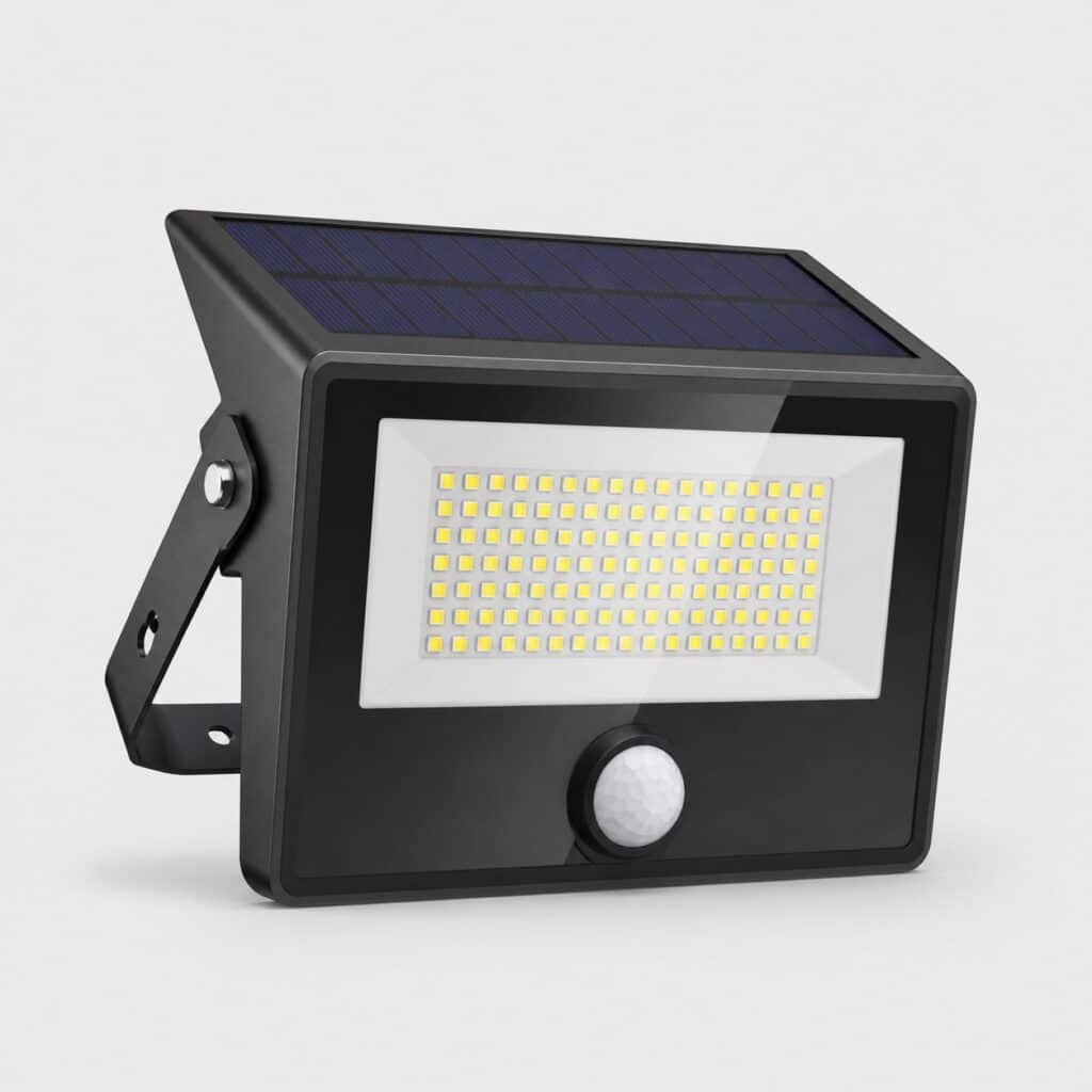 Projecteur solaire à détecteur de mouvement, boîtier noir et panneau intégré, vue de trois quarts sur fond clair