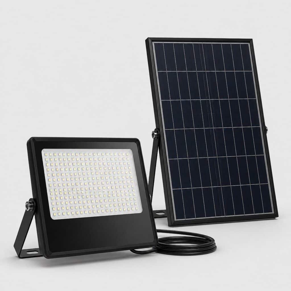 Grand projecteur solaire puissant à panneau déporté, large dalle LED, vue de trois quarts sur fond clair