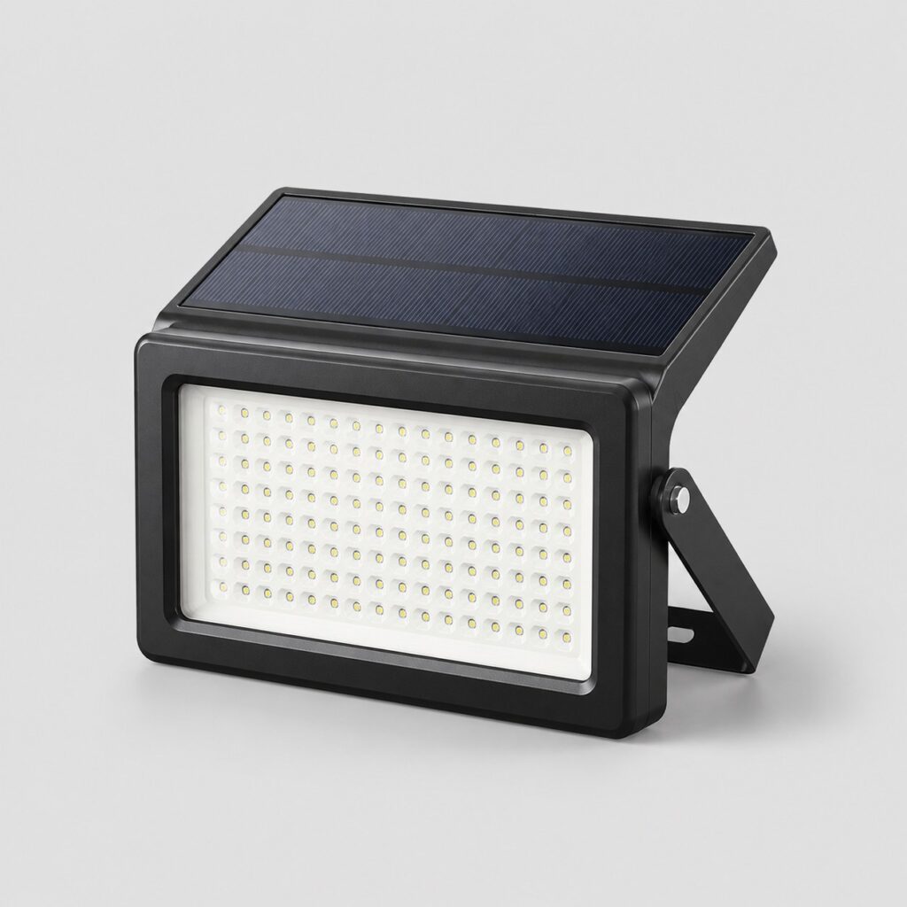 Projecteur solaire à LED, dalle blanche derrière le verre et panneau intégré, vue de trois quarts sur fond clair