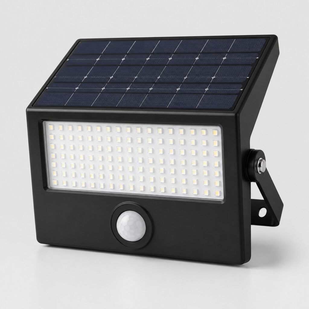Projecteur solaire LED à détecteur de mouvement, dalle et capteur en dôme, vue de trois quarts sur fond clair