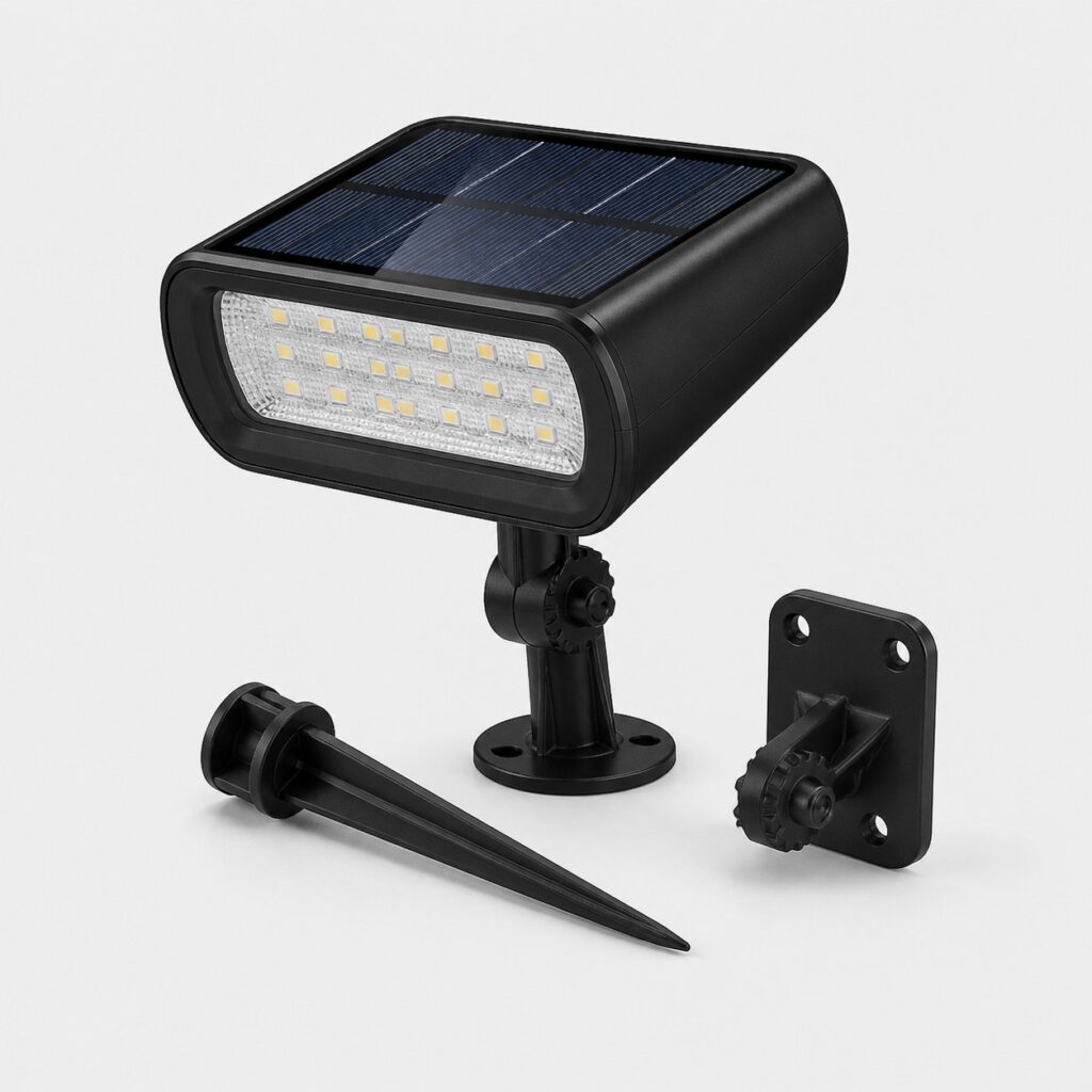 Projecteur solaire LED compact pour le jardin avec piquet, design discret, vue de trois quarts sur fond clair