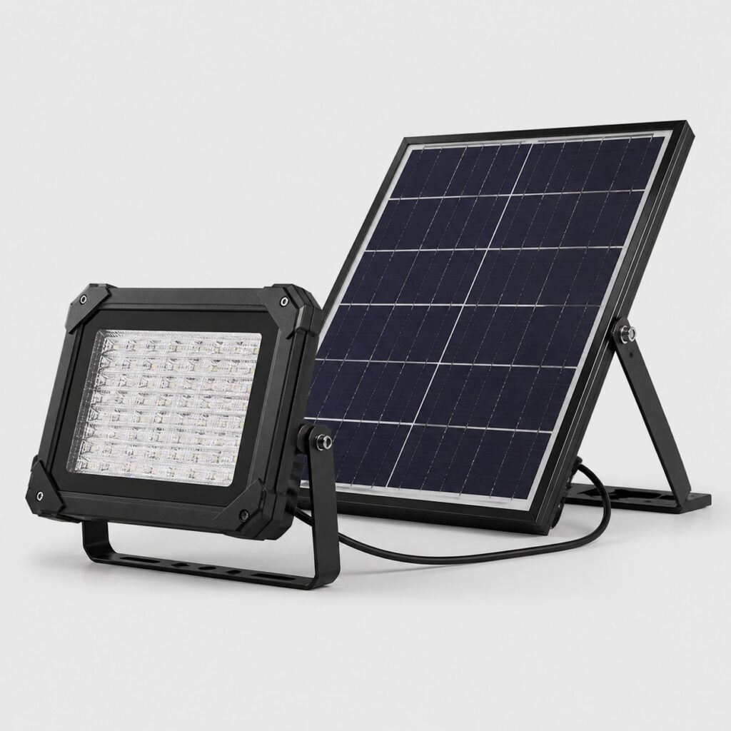 Projecteur solaire robuste pour usage intensif, angles renforcés et joints apparents, vue de trois quarts sur fond clair