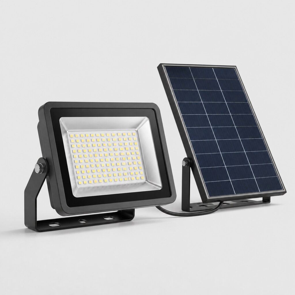 Projecteur solaire d'aspect robuste à panneau déporté, verre épais, vue de trois quarts sur fond clair