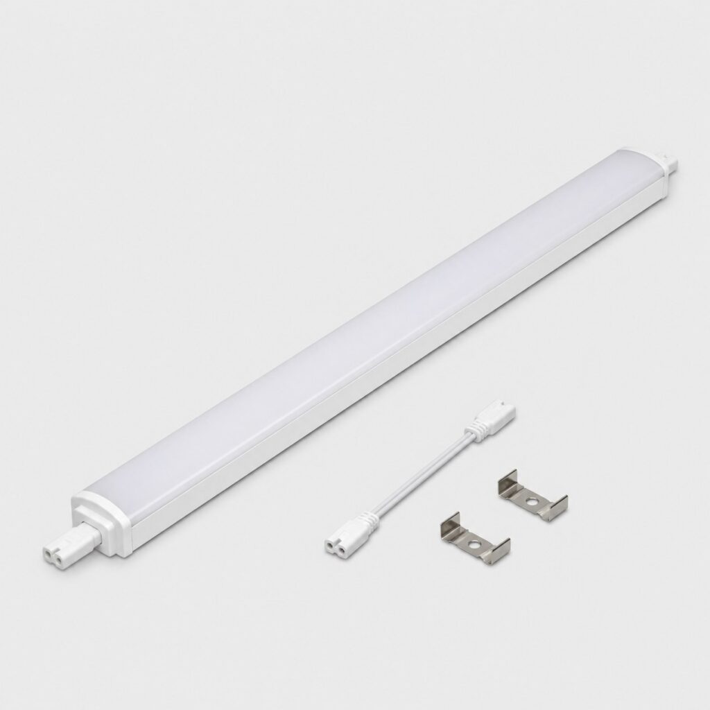 Réglette LED de 150 cm interconnectable à connecteurs de chaînage, vue de trois quarts sur fond clair