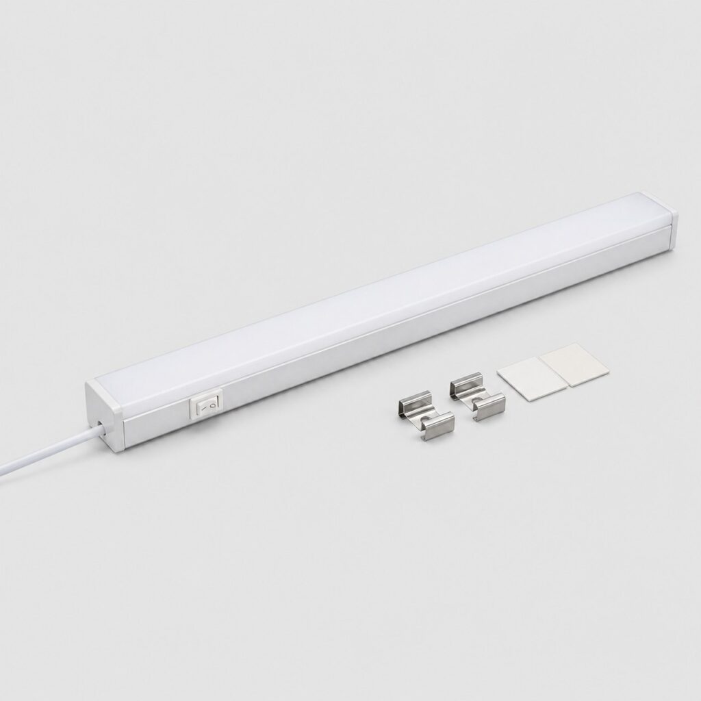 Réglette LED compacte de 60 cm à diffuseur opale, vue de trois quarts sur fond clair