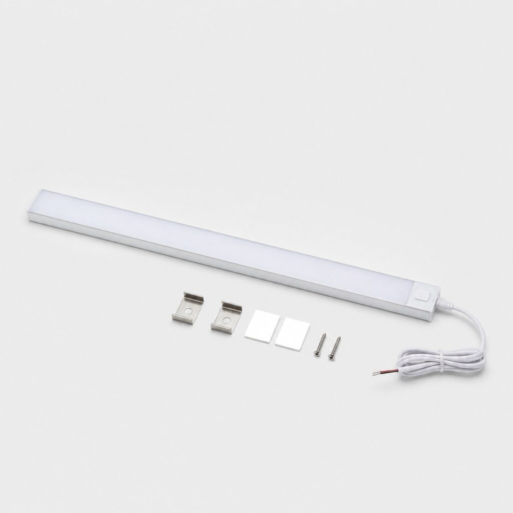 Réglette LED de cuisine à profil plat et diffuseur opale, vue de trois quarts sur fond clair