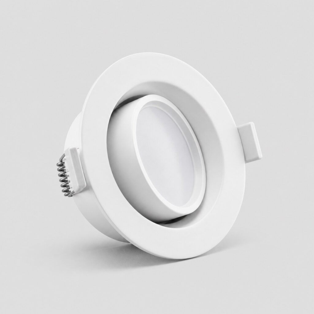 Spot LED orientable à collerette inclinable sur cardan, vu de trois quarts sur fond clair