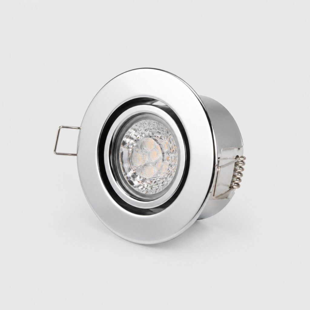 Spot LED pour salle de bain à collerette chromée, vu de trois quarts sur fond clair