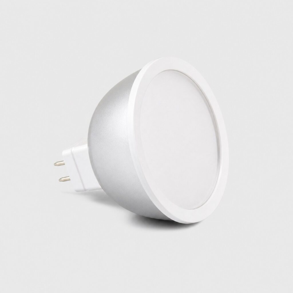Spot LED 12V à culot à broches et collerette blanche, vu de trois quarts sur fond clair