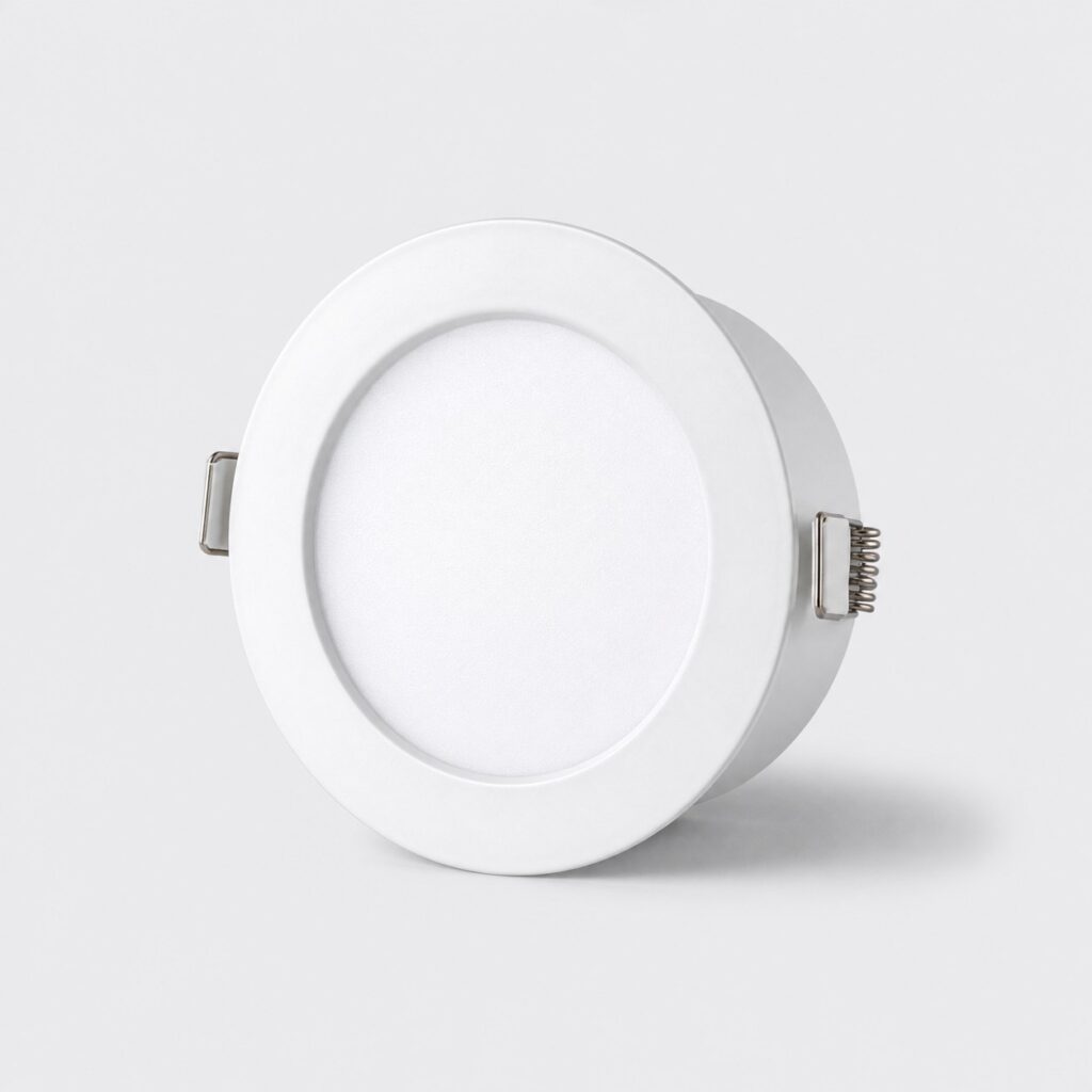 Spot LED dimmable à collerette blanche satinée, vu de trois quarts sur fond clair