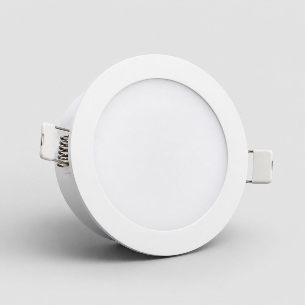 Spot LED encastrable rond à collerette blanche, vu de trois quarts sur fond clair