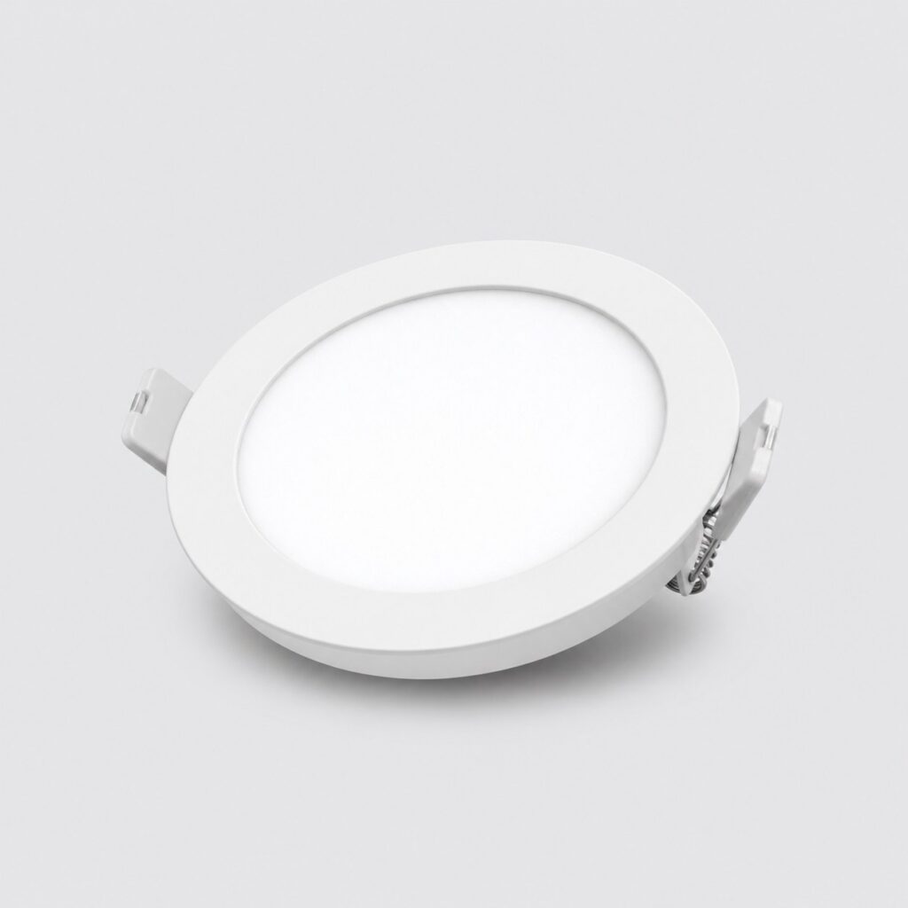 Spot LED plat pour plafond à collerette blanche, vu de trois quarts sur fond clair