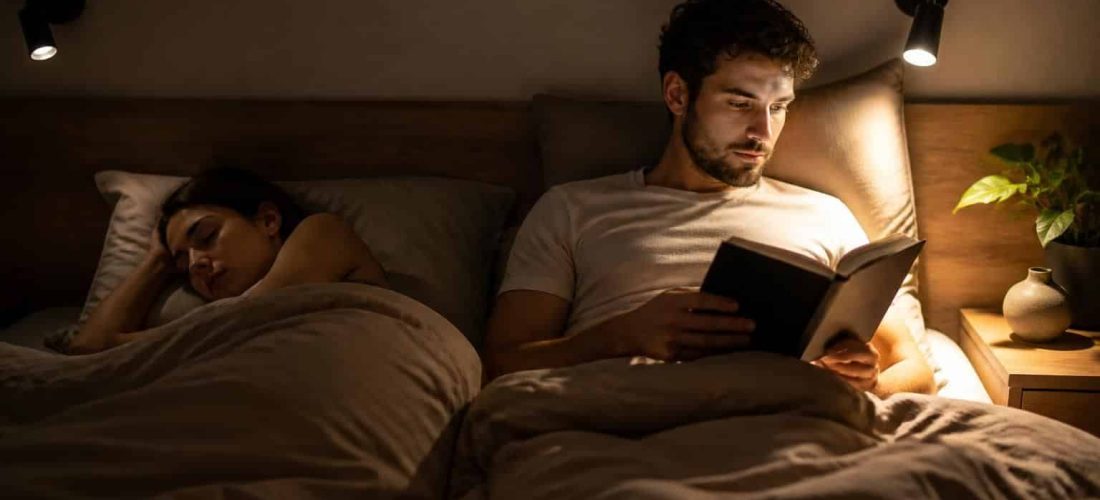 découvrez l'action précise de l'applique liseuse offrant un éclairage ciblé, conçu pour ne pas gêner votre partenaire, idéale pour une lecture confortable en duo.