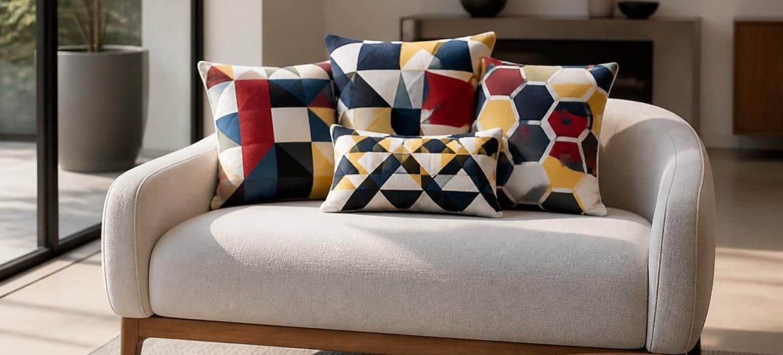 découvrez comment l'association des coussins à motifs géométriques dynamise visuellement votre assise principale, apportant style et modernité à votre intérieur.