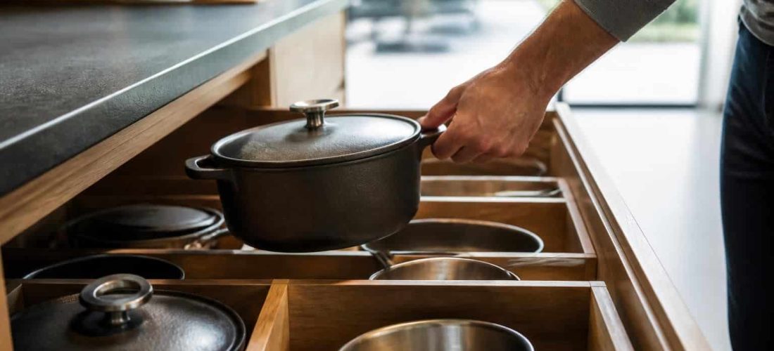 découvrez comment le tiroir casserolier améliore l'accessibilité aux ustensiles lourds, facilitant leur rangement et leur utilisation quotidienne en cuisine.
