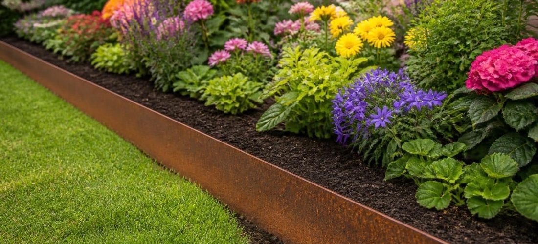 découvrez comment une liaison directe en acier corten crée une bordure de jardin élégante et assure une délimitation nette et durable de vos parterres de fleurs.